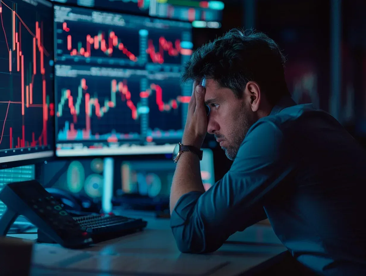 Frustrated trader sitting in front of multiple screens